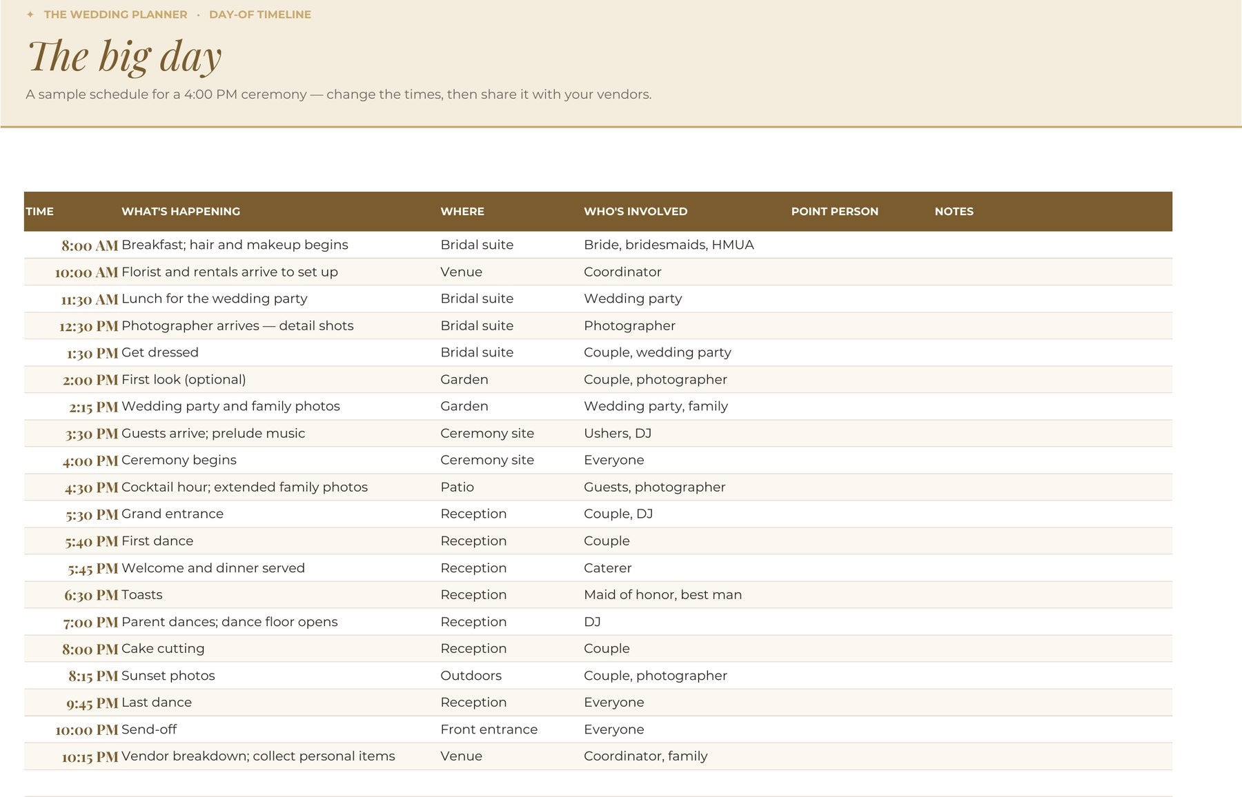 Day-of timeline tab of the wedding planner