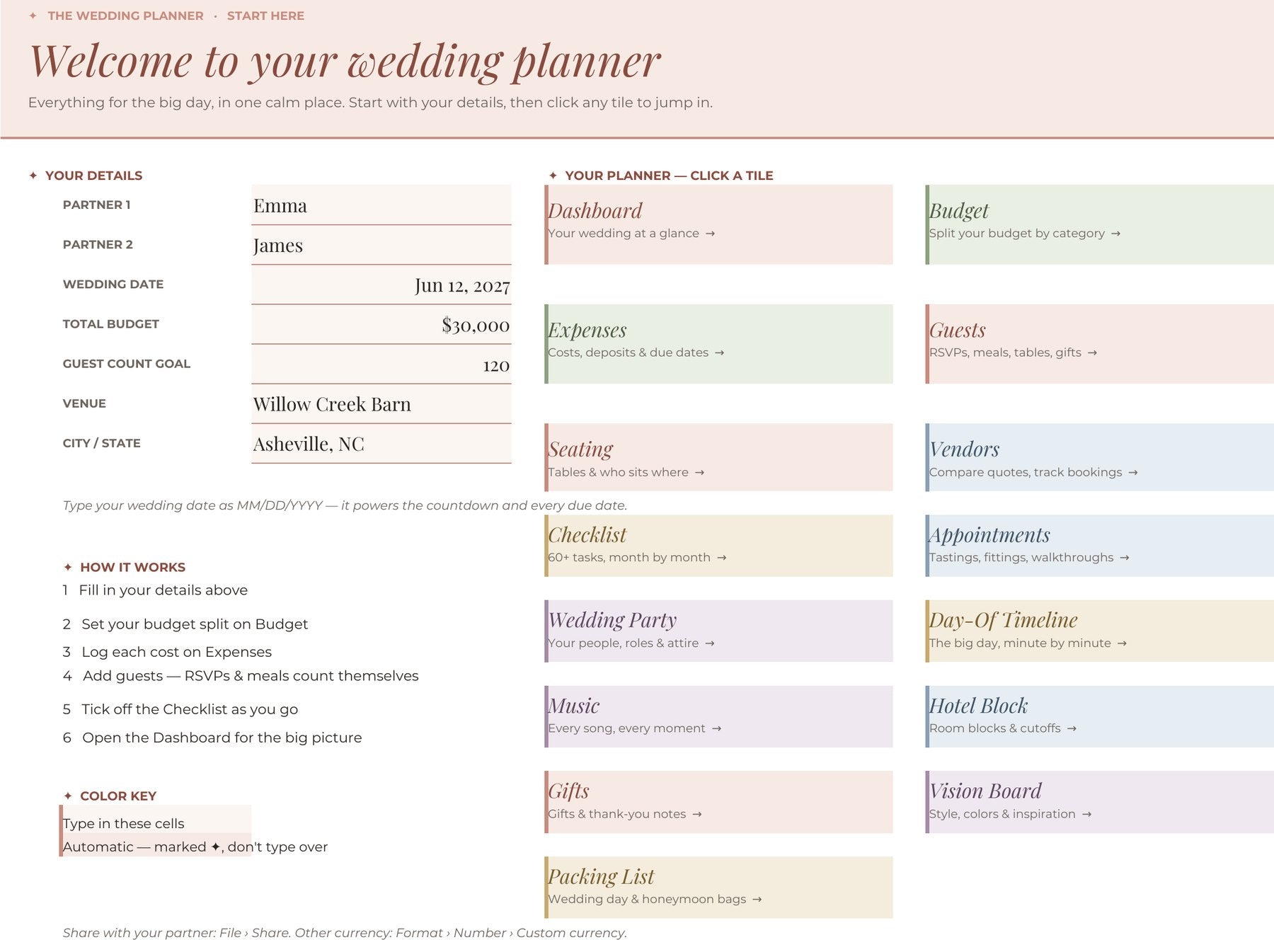 Start-here page with color-coded tiles linking to every tab